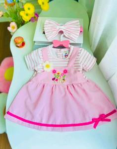 ชุดเดรสกระโปรงเอี๊ยมชมพูงานปักน่ารัก+โบว์คาด(เด็กแรกเกิด-2ขวบ)