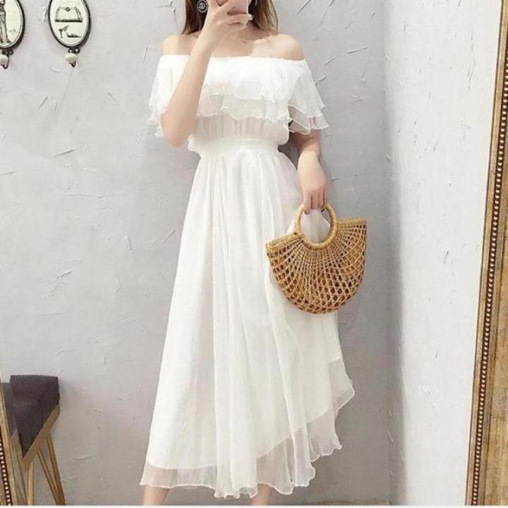 Women's Summer Beach Style Chiffon White Long Dress Lady Graceful Fairy  Layers Ruffles Off-Shoulder Dresses Evening Party Gown Lazada PH