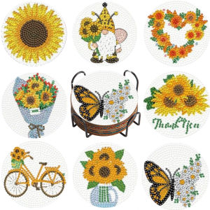 PhotoCustom 8pcs Suitable For Beginners Homemade Art Craft Supplies With Cork Mat Sunflower Coaster Diamond Painting Coaster 5d Diamond Painting Coaster With Stand