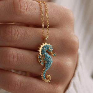 LUMINOU Gold Plated Seahorse Pendant Necklace Adjustable Boho Turquoise Jewelry Accessories Elegant Blue Pendant Choker Necklaces For Women