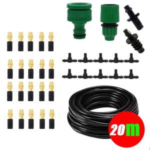 【Free Ship】ชุดหัวพ่นหมอกพ่นละอองน้ำแรงดันต่ำ (สาย21เมตร+หัว20หัว) หัวหมอกหัวทองเหลือง หัวพ่นหมอก ต่อก๊อกน้ำทั่วไปและก๊อกสนามได้  Hose Brass Nozzle Atomize Spray System for Summer Balcony Greenhouse Lawn Misting Cooling Irrigation Kit