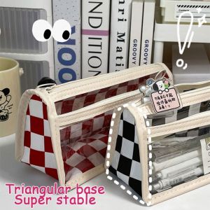 YIDIA โปร่งใสโปร่งใส กล่องใส่ปากกาลายตารางหมากรุก พีวีซีพีวีซี กันน้ำกันน้ำได้ กระเป๋าดินสอลายตาราง กระเป๋าใส่ของ สร้างสรรค์และสร้างสรรค์ กล่องดินสอสำหรับเด็ก ของขวัญสำหรับนักเรียน