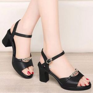 [Free Shipping] Summer Outdoor Soft Leather High-Heeled Sandals For Women New Versatile Rhinestone Mid-Heel Single-Strap Chunky Heel Work Shoes