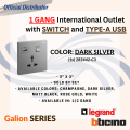 Bticino Galion 16A 250VA 1 Gang International Socket Outlet with Switch and Type-A USB Charger. 