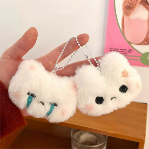 2PCS Cartoon Plush Rabbit Doll Keychain Sweet Cute Bunny Bag Pendant Crying And Angry Face Car Keyring Couples Gift