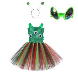 Hot Alien Costume for Girls Tutu Mesh Long Handmade Dress Christmas Costume for Kids Carnival Birthday Party Suit