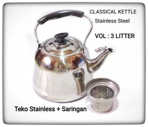 Leoshop888 Teko Masak Air Bunyi Bahan Stainless Steel Tebal 3 Litter Ceret Air Klasik Termasuk Saringan Teh
