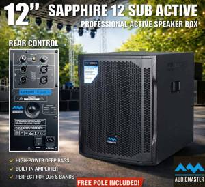 Audiomaster Sapphire 12 SUB ACTIVE Professional Subwoofer Speaker 1200W MAX 12inches with free pole mount
