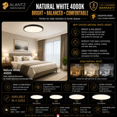 Alantz Ultra Slim LED Ceiling Light 18 watts Dia230 24 watts Dia300 36 watts Dia400 48 watts Dia500 Singapore Brand Local Warranty 3 Years Exchange Warranty