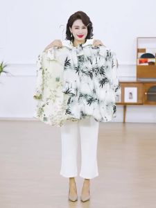Loose WomenS Summer Lapel Shirt Quarter Sleeve Chiffon Printed Top MomS Blouses