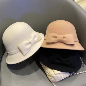 COUPLECOL French Style Bow Topper Hat Solid Color Keep Warm Women Fisherman Hat Fashion Flat-top Woolen Bucket Hat Famale