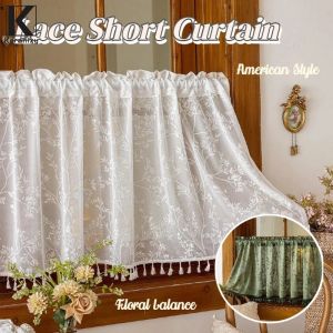 Keranixy Lace Short Curtain American Floral Valance Elegant High-End Half Curtain Home Decor for Kitchen Cafe