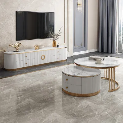 Sintered Stone TV Console Type#031 White Marbling 12mm Sintered Stone TV Cabinet Large Capacity Space TV Storage