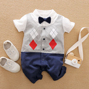 Baby Clothes 100% Cotton Short Sleeve Bodysuit Gentleman Jumpsuit Bowknot Decor Romper For 0-18months Baby Boys