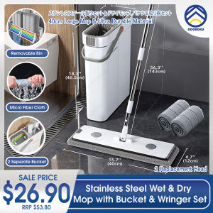 ODOROKU Stainless Steel Mop and Bucket with Wringer Set Flat 2 Compartment 40cm Enlarged Large Flat Floor Mop and Bucket System 2 Washable Microfiber Mops and Squeegee Blade Wet and Dry Mop