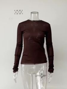 Parc Fee Fashion Slim Brown Womens T Shirt 2026 Casual O-Neck Long Sleeve T Shirts Elegant Simple Solid Top Female Clothing2026