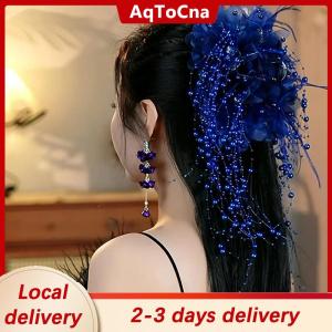 [COD] AqToCna Ship within 24 hours Women Luxury Mesh Flower Pearls Tassels Hair Clips Female Fluffy Shark Hair Claws Hair Accessories Headdress