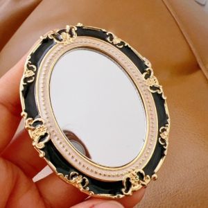 NBANLIKE Mini Enamel Makeup Mirror Metal Frame Baroque Lolita Embossment Mirror Handheld Vintage Crystal Bow Mirror Travel Use