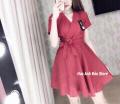 [HCM][ Đầm Đẹp ] Đầm Xòe Cổ Chéo Cột Nơ Eo Thời Trang Hoa Anh Đào. 