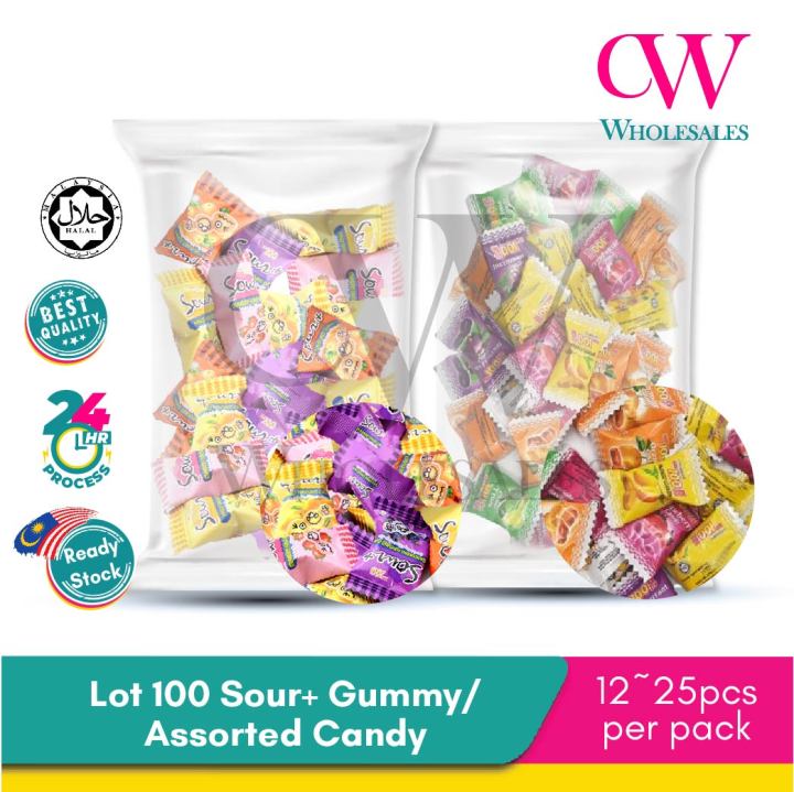 Lot 100 Assorted Candy Lot 100 Sour+ Assorted Fruit Flavour Sour Gummy ...