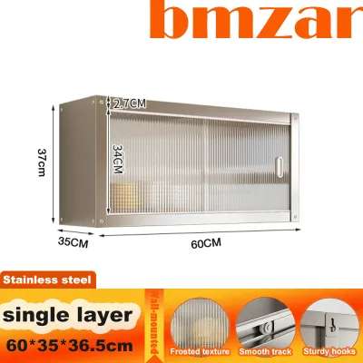 BMZAR Stainless Steel Wall Mounted Kitchen Cabinet Sliding Glass Door Storage Cabinet Large Capacity Kitchen Organizer Dish Cupboard Space Saving Rack