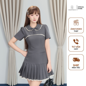 SHERRY DRESS - Váy Đầm Thiết Kế Nữ Dáng Ngắn Xếp Ly Chiết Eo Cổ Sen Tay Bồng Phối Viền Ren Ghi Xám Soleil Tiểu Thư Đi Chơi Thường Ngày