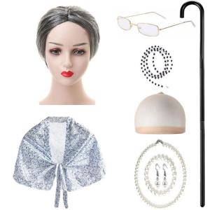 9Pieces Old Lady Dressing Up Set Wig Glasses Shawl Bracelet Necklace Earrings Children Grandmother Cosplay Accessories