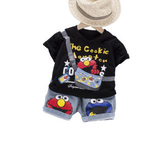Pakaian anak-anak pakaian anak usia 0-4 tahun T-shirt cetak kartun Eropa dan Amerika lengan pendek Celana pendek denim Anak laki-laki tren musim panas yang tampan dan modis baru menjual dua potong setelan