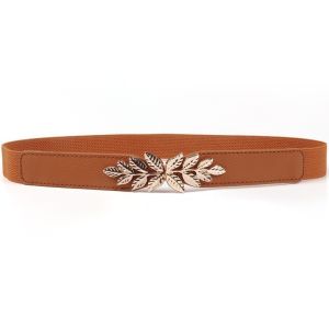 Womens Elastic Belt Small Leaf Buckle Stylish Simple Full Skirt with Black Trim Metal Belt
