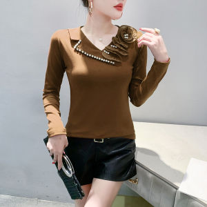 YIMEI New slim fit cotton womens base shirt with autumn and winter design sense nail bead lotus leaf edge three-dimensional flower V-neck black T-shirt long sleeved top 2024