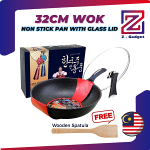 Z-Gadget⚡Korea High Quality 32CM Non Stick Deep Frying Wok Pan with Pot Cover Kuali Viral with Lid Marble Frying Pan