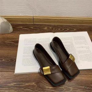 [Free Shipping] Retro Metal Buckle Flats New Square-Toe Soft-Soled Loafers WomenS Slip-On Shoes