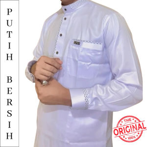 Alghin Exclusive Baju koko Putih les Putih Motif Lengan panjang Manset pria muslim kancing import Bahan Saudi premium polyester import original