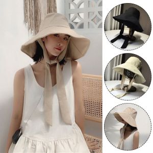 DOWNA Cotton Linen Fisherman Hat Tie Design Big Brim Sun Hat Fashion Foldable Bucket Hat Summer Spring