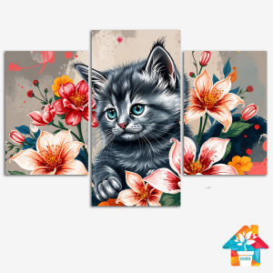 RUNABEE HIASAN DINDING FLOWER SET BESAR 3 IN 1 ABSTRAK BUNGA KUCING ABU ABU PAJANGAN KAYU MINIMALIS