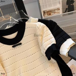 [COD] Buin Summer Sweet Hollow Out Knitted T-shirt Women Contrast Color Round Neck Short Sleeve Crop Top