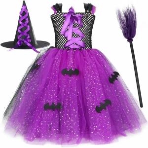 11.11 Sparkly Black Purple Sorceress Tutu Dress with Bat Decorations Gothic Halloween Costume for Carnival Masquerades and Cosplay h2610