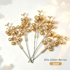 5PCS Glitter Christmas Berry Stems Gold Red Artificial Berry Picks Set for DIY Wreath Garland Home Decor Winter Wonderland Holiday Christmas Ornaments