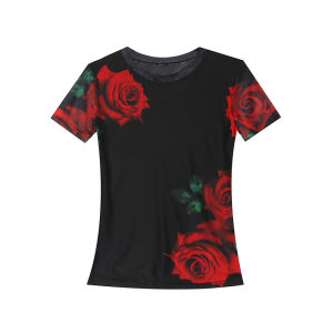 REHIN Womens top Summer fashion mesh floral print red flower short-sleeved T-shirt round collar S-3XL slim and thin elegant S-3XL blouse