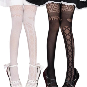 Womens thẩm mỹ Gothic hollowout Fishnet Quần lưới bó vớ không đối xứng Crisscross argyle khuôn mẫu quần vớ mỏng