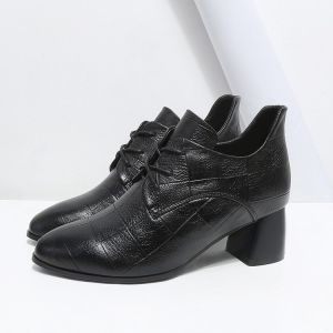 [Free Shipping] Plus-Size WomenS Shoes Spring And Autumn Collection Lace-Up Soft Leather Pointed-Toe Deep-Cut Chunky Heel Mid-Heel Flats