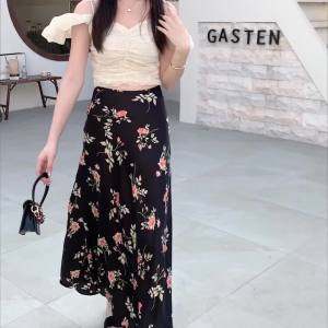 HZW  Summer Korean Style High Waist Printed Fishtail A- line Skirt Mid-Length Womens Long Skirt