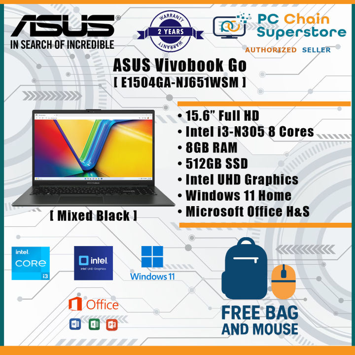 Asus Vivobook Go E1504GA-NJ651WSM Laptop (Mixed Black) FHD Intel  i3-N305 8GB RAM 512GB SSD Intel UHD Graphics Windows 11 Home MS 