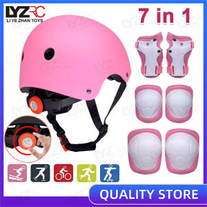 LYZRC High Quality Thickening Adjustable Kids 7 In 1 & 6 In 1 Helmet and Pads Set Knee Pads Elbow Pads Wrist Guards for Scooter Skateboard Roller Skating Cycling Girls Boys Sport