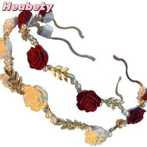 Heabety Ladies Elegant Rose Vine Headband Hair Accessories Headdress Girls Vintage Metal Flower Pearl Red White Rose Tiara Hairbands