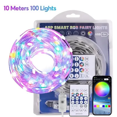 LED RGB Christmas String Lights With Remote Control USB Bluetooth Music Sync Waterproof Strip Light With Smart APP Control For Outdoor Interior Christmas Wedding Decoration Light