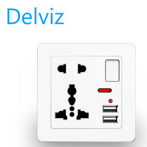 Delviz(international brand)(UK/EU/US socket) universal wall power socket 13A with switch control USB socket intelligent quick charging 5V-2.1A.5-hole panel 86mm*86mm with socket mounting box.USB Wall Socket Switch AC / DC Charger Plug Power Adapter
