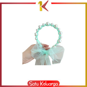 SK-C935 Bandana Mutiara Pita Tulle Panjang Bisa diikat Wanita Korea / Bando Mutiara Tali Kepang Ribbon Pearl / Bando Anak Perempuan / Bando Tali Kepang Import