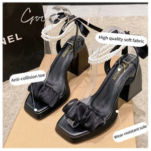 【COD】High heeled womens sandals French fashion elegant thick heeled high heeled shoes temperament pearl