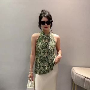 AMMIN เสื้อชีฟองเปิดไหล่แขนกุดคอรอบคอใหม่สำหรับฤดูร้อน2024ของผู้หญิง Sablon Bunga สไตล์เกาหลีย้อนยุคมีตำแหน่งพืชและพืชหรูหรา